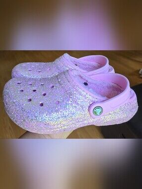 Sz 3 Little Girl's CROCS CLASSIC PINK  GLITTER LINED comfort Clogs